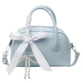 Light blue bowling bag with a large white satin bow and pearl charm accent - Blue