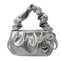 Silver PU leather handbag with ruched handle, pearl bow, and heart pendant detail - Silver