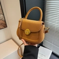 Retro ginger yellow faux suede saddle bag with elegant golden circular metal buckle lock - Brown