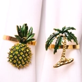 Tropical pineapple and coconut tree napkin rings with yellow rhinestones and green enamel - Pineapple