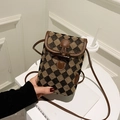 Chic checkerboard pattern mini crossbody phone bag with brown leather trim and toggle closure - British Plaid
