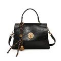 Retro black oil wax leather crossbody bag with gold hardware and bell charm detail - With Pendant / Black