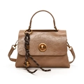 Retro brown oil-wax leather crossbody bag with vintage bronze twist lock and woven charm - With Pendant / Khaki