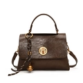 Vintage dark brown wax leather crossbody bag with gold buckle and woven charm - With Pendant / Brown