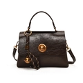 Retro dark brown waxed leather crossbody bag with gold knob lock and woven bell charm - With Pendant / Brown