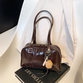 Deep brown patent leather boston bag with silver hardware and creative bag charm - With Pendant / Coffee