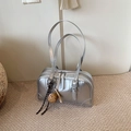 Metallic silver soft leather tote bag with bowling style and decorative keychain - With Pendant / Silver