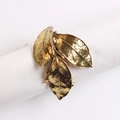 Golden olive leaf napkin ring with detailed leaf veins and shiny metallic finish - Three Large Leaves Design (Style 7)