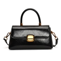 Minimalist black patent leather small square handbag with vintage gold buckle detail - Black