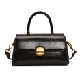 Chic dark brown faux leather square handbag with golden oval clasp and top handle - Brown