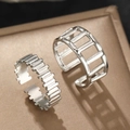 Minimalist silver stainless steel open rings set featuring geometric hollow and textured bands - Silver Hollow Geometric 2-Piece Set (C4314) / Silver