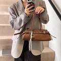 Retro dark brown rectangular shoulder bag with dual long handles and buckle detail - With Pendant / Brown