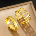 Set of two gold-plated stainless steel open rings with geometric hollow and gear patterns - Gold Hollow Geometric 2-Piece Set (C4313) / Gold