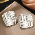 Square silver stainless steel stud earrings featuring a vintage woven texture design - Silver Woven Style (C5440)