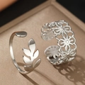 Adjustable silver leaf and hollow flower stainless steel rings set for women - Hollow Flower and Leaf Combination (C9034) / Silver Set (C9034)