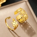 Adjustable hollow flower and leaf gold stainless steel rings set for women - Hollow Flower and Leaf Combination (C9033) / Gold Set (C9033)