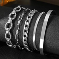 Five-piece silver minimalist bracelet set with chunky twist rope and Cuban link chains - Silver 5-Piece Set (N8416)