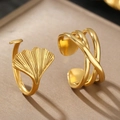 18K gold plated stainless steel leaf ring and geometric layered open ring set - Gold Ginkgo Leaf and Geometric Style (C9353)
