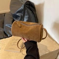 Brown suede cylindrical Boston crossbody bag with slender leather strap in vintage style - Brown