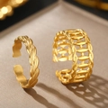 Macro detail of gold-tone braided and hollow oval cutout open rings with matte finish - Golden Two-piece Set (C7327)