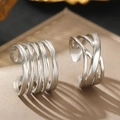 Polished stainless steel multi-layer and criss-cross open rings on silk fabric - Silver Set (C7102)