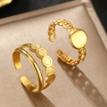 Minimalist double-layered gold open rings with a vintage textured finish and coin detail - Gold Double Layer Chain Open Ring Set (C9041) / Gold (C9041)