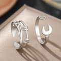 Industrial style stainless steel ring set with dumbbell and wrench adjustable open design - Silver Wrench Dumbbell Industrial Style (C7228)
