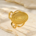 Macro view of 18K gold plated wide oval ring featuring vintage embossed dot textures - Golden Vintage Oval Relief Style (C2081)