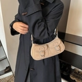 Retro light brown faux suede baguette shoulder bag with double pocket buckles for women - Khaki