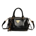 Glossy black textured leather handbag with gold logo and adjustable shoulder strap - Black