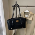 Minimalist black oil wax leather tote bag with gold metal plate and slim shoulder straps - No Pendant / Black