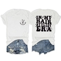 Detail showing white round neck T-shirt with Hair Stylist Era print and denim shorts set - S / Tops / White