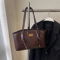 Deep brown oil wax leather tote bag with knot handle detail and gold logo plate - No Pendant / Coffee