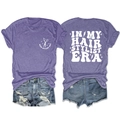 Detailed front and back view of purple hair stylist t-shirt with retro typography print - S / Tops / Purple (White Font)