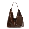 Grand sac hobo marron foncé minimaliste en cuir brillant avec pochette monnaie assortie - Fauve