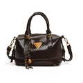 Dark brown oil wax leather Boston handbag with triangle logo and vintage gold hardware - Brown