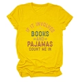Detail of ginger yellow t-shirt with 'IF IT INVOLVES BOOKS' slogan and soft fabric texture - S / Yellow