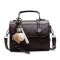 Vintage dark brown Cambridge crossbody bag with baseball charm and litchi texture - With Pendant / Coffee