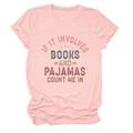 Detail of pink cotton T-shirt featuring vintage If It Involves Books And Pajamas slogan - S / Pink
