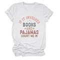 Detail of white cotton T-shirt featuring vintage text print about books and pajamas - S / White