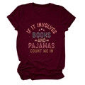 Detail of burgundy crew neck tee with 'Books and Pajamas' print and rolled sleeves - S / Burgundy