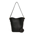 Bolso cubo de cuero negro de moda con textura de grano y anillos de metal dorado - Negro