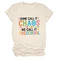 Detail view of the soft cotton crewneck collar and colorful artistic print on the beige t-shirt - S / Sand (Black Font)