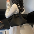 Large black suede tote bag with side pleats and silver metal buckle for women - Black