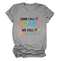 Detail of grey crewneck t-shirt with Some Call It Chaos We Call It Preschool print - S / Dark Gray (Black Font)