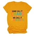 Detail of ginger yellow t-shirt with 'Some Call It Chaos' colorful graphic print - S / Mustard Yellow