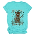 Detail of teal crew neck t-shirt featuring a cowgirl and butterfly artistic print - Deep Water Blue