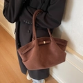 Dark brown suede tote bag featuring a minimalist buckle strap for a vintage autumn look - Coffee
