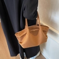 Caramel brown suede tote bag with minimalist metal buckle and side strap detail - Brown