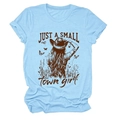 Sky blue t-shirt with vintage American cowgirl graphics and Just a Small Town Girl slogan - S / Light Blue